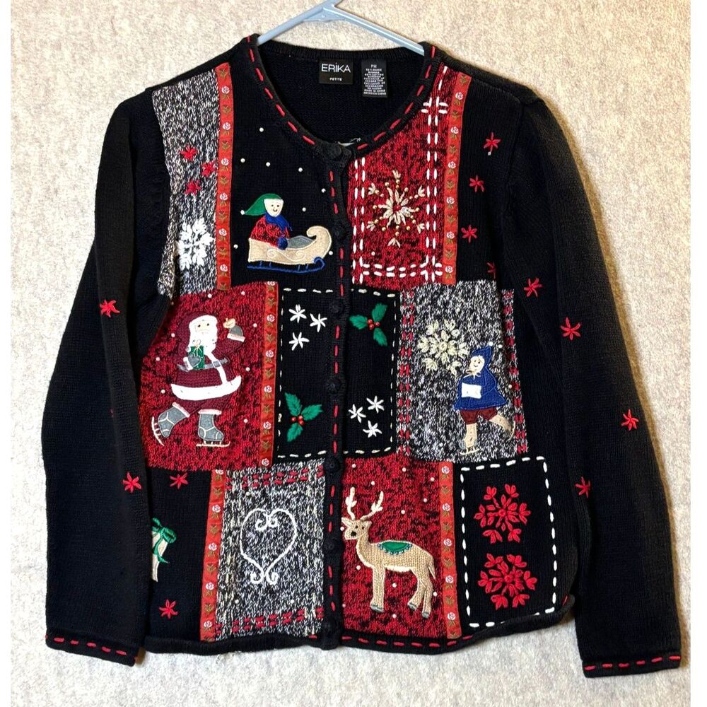 Vintage Erika Petite Medium Christmas Patchwork Cardigan Black Grandma Holiday